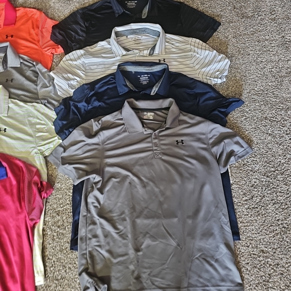 Lot of Under Armour polo's, long sleeves, and t shirts.
